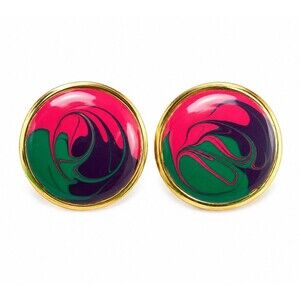 Vintage 1980s Gold Tone Painted Enamel Disc Stud Earrings Pink Green Purple